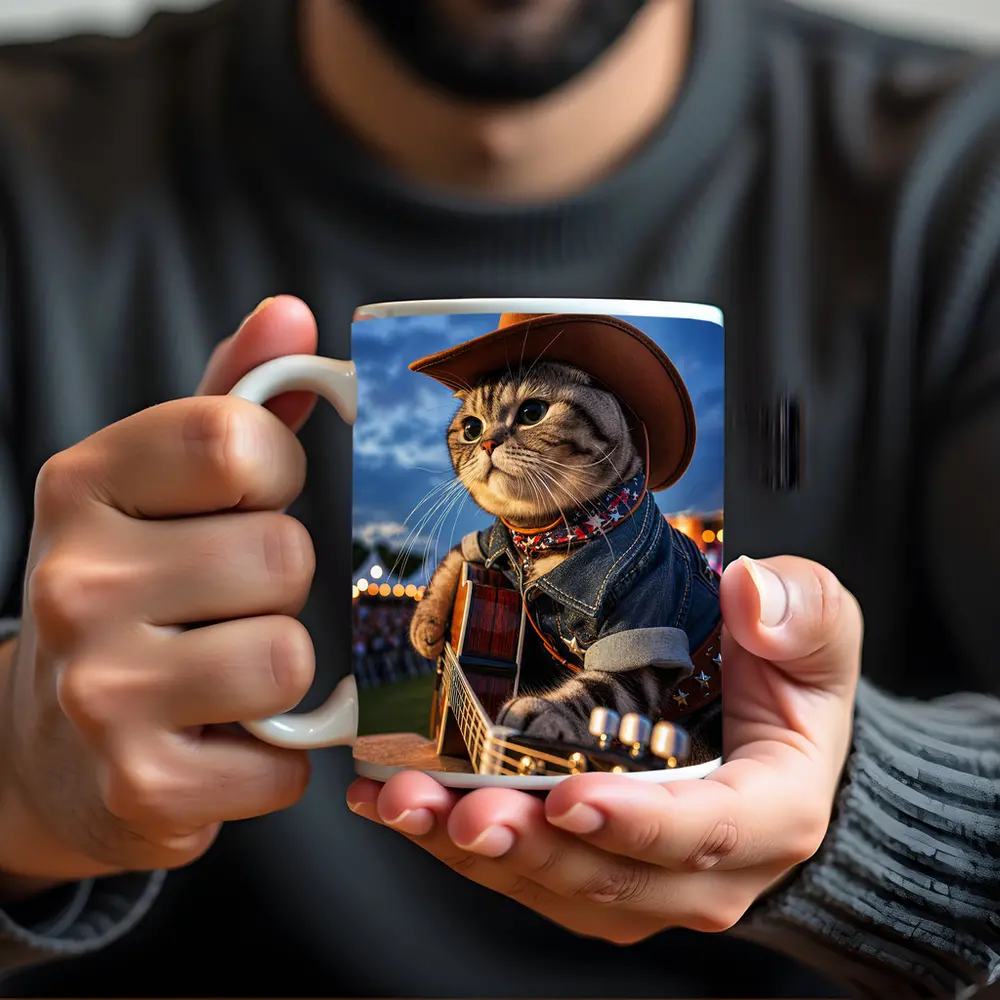 Cowboy Cat Playing Guitar at Festival – Mugs