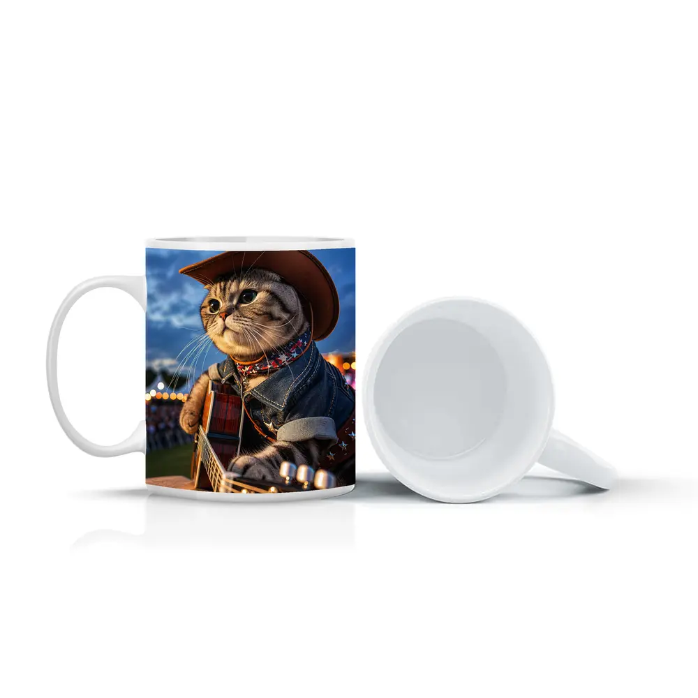 Cowboy Cat Playing Guitar at Festival – Mugs