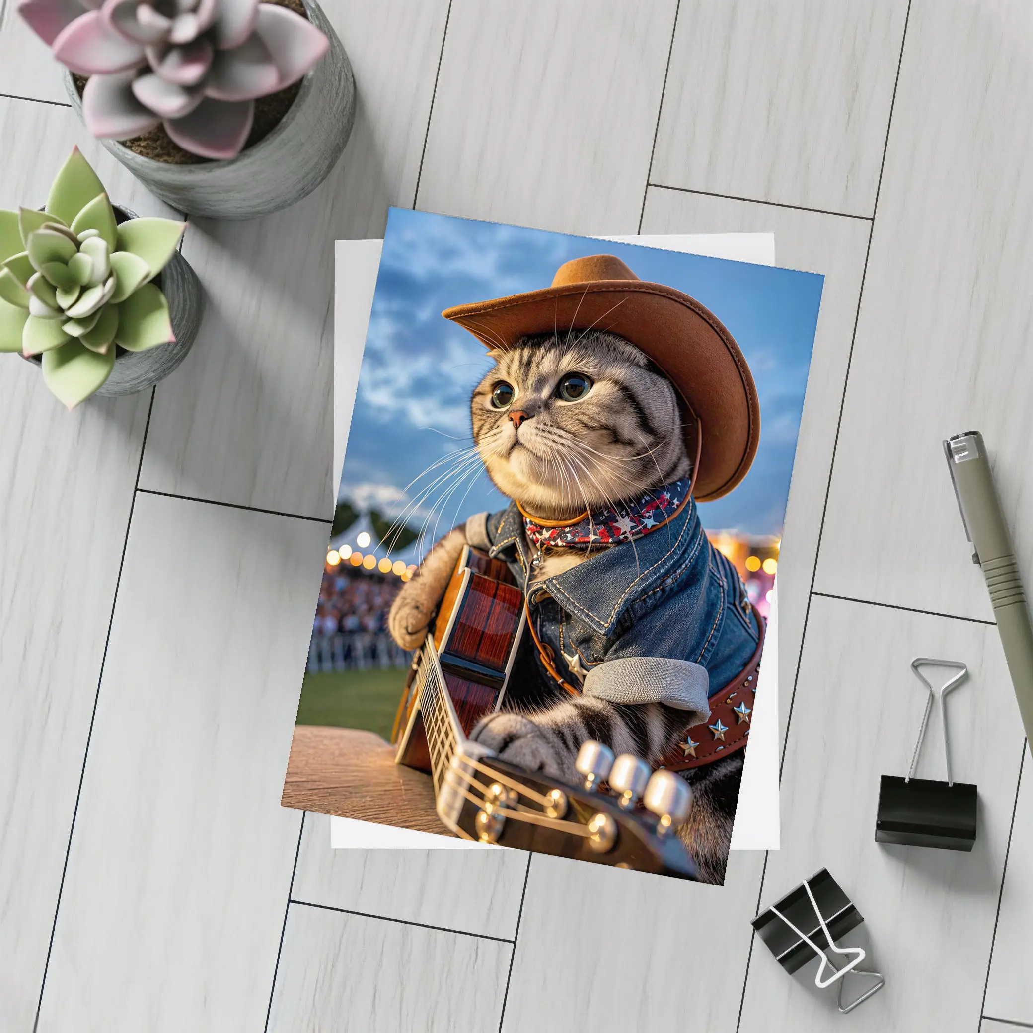 Cowboy Cat Playing Guitar at Festival – Postcards