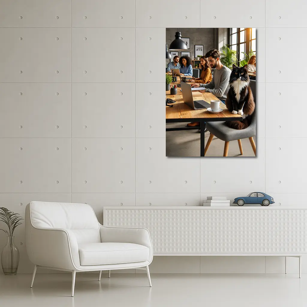 Black White Cat Cozy Office Workspace – Wall Art