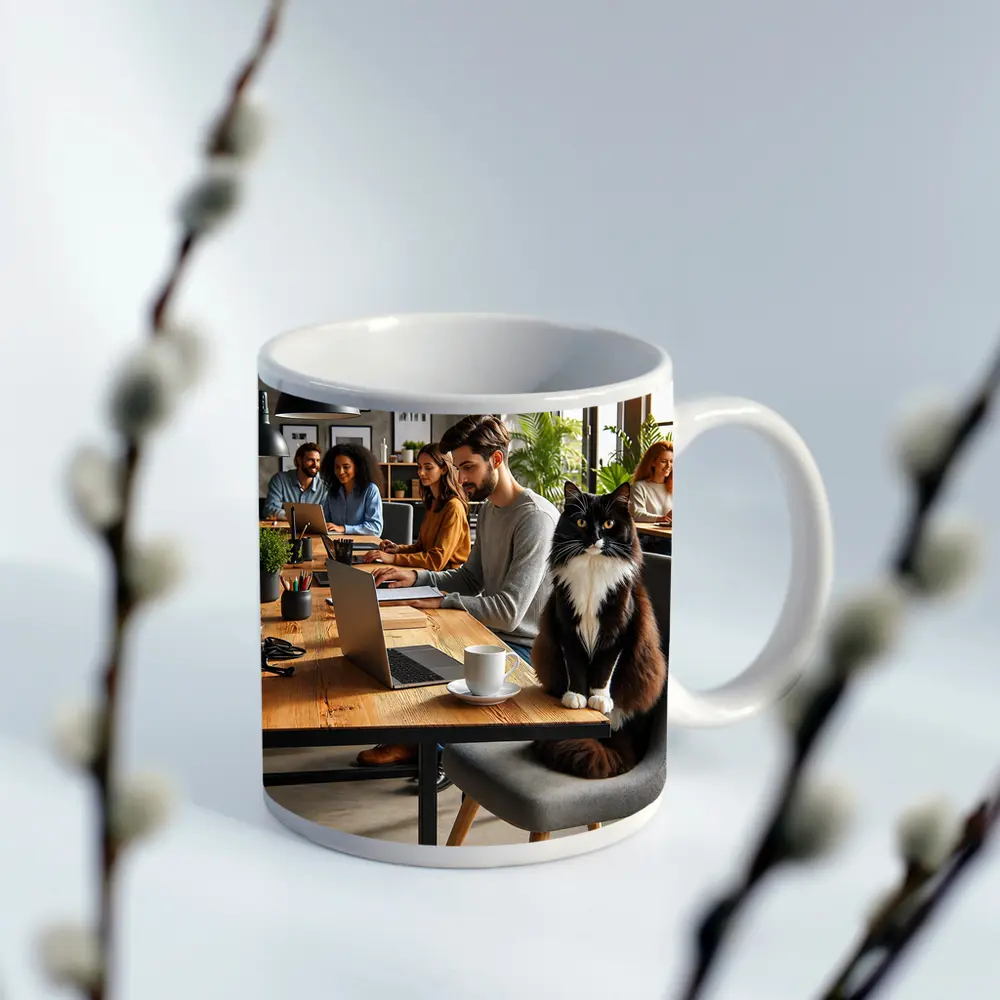 Black White Cat Cozy Office Workspace – Mugs