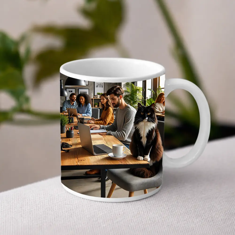Black White Cat Cozy Office Workspace – Mugs