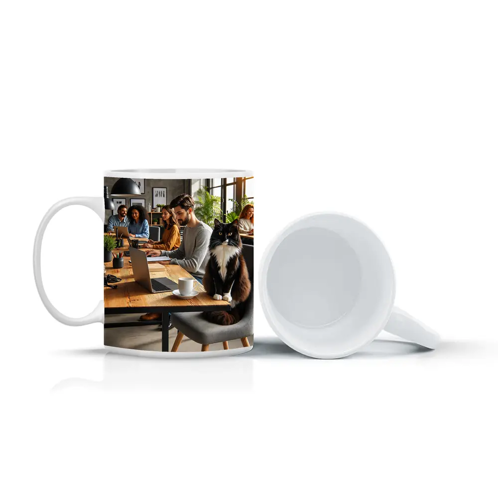 Black White Cat Cozy Office Workspace – Mugs