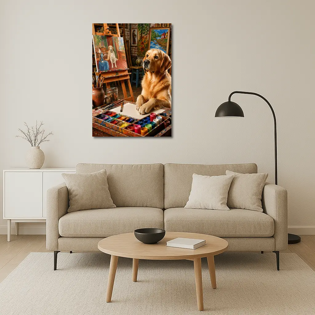 Golden Retriever Artist Painting in Studio – Wall Art