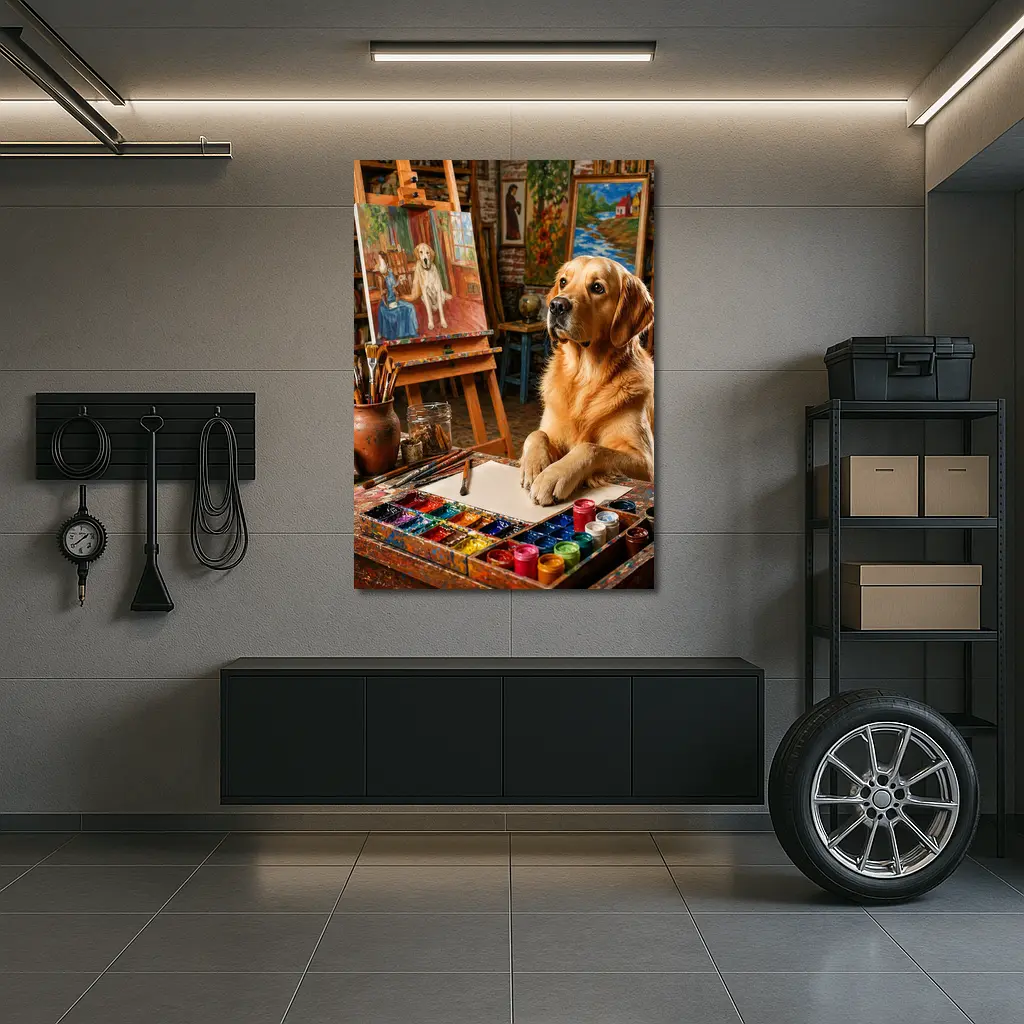Golden Retriever Artist Painting in Studio – Wall Art