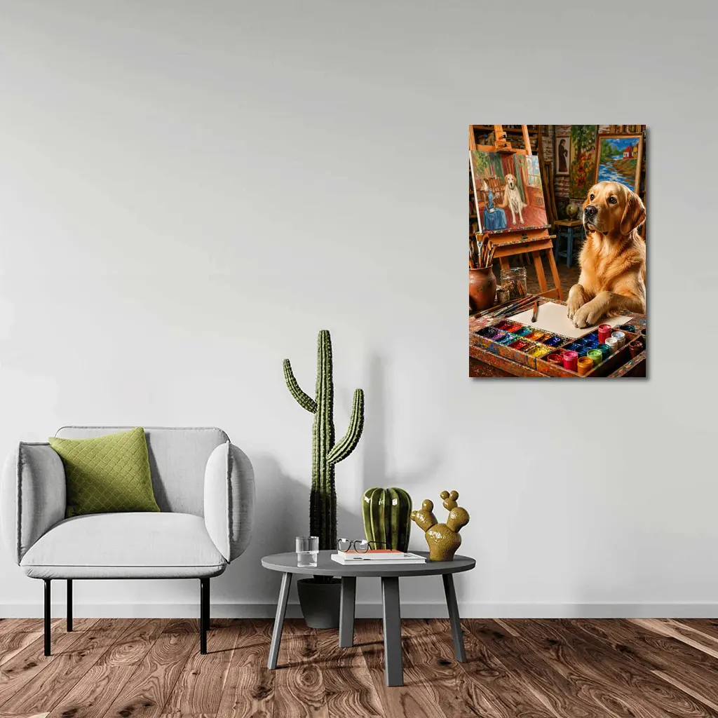 Golden Retriever Artist Painting in Studio – Wall Art
