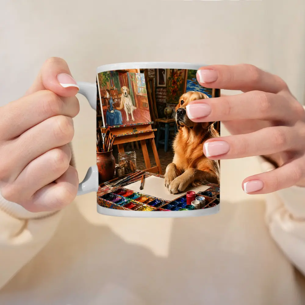 Golden Retriever Artist Painting in Studio – Mugs