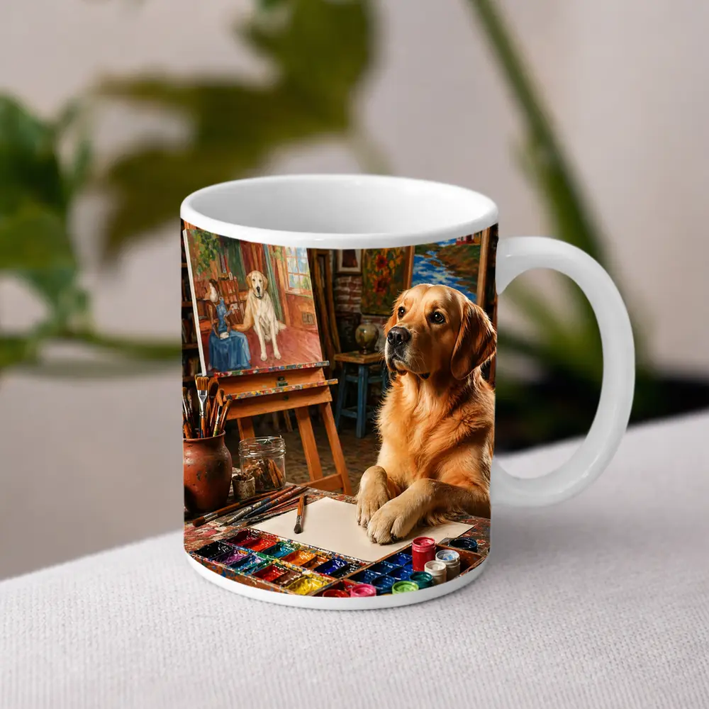 Golden Retriever Artist Painting in Studio – Mugs