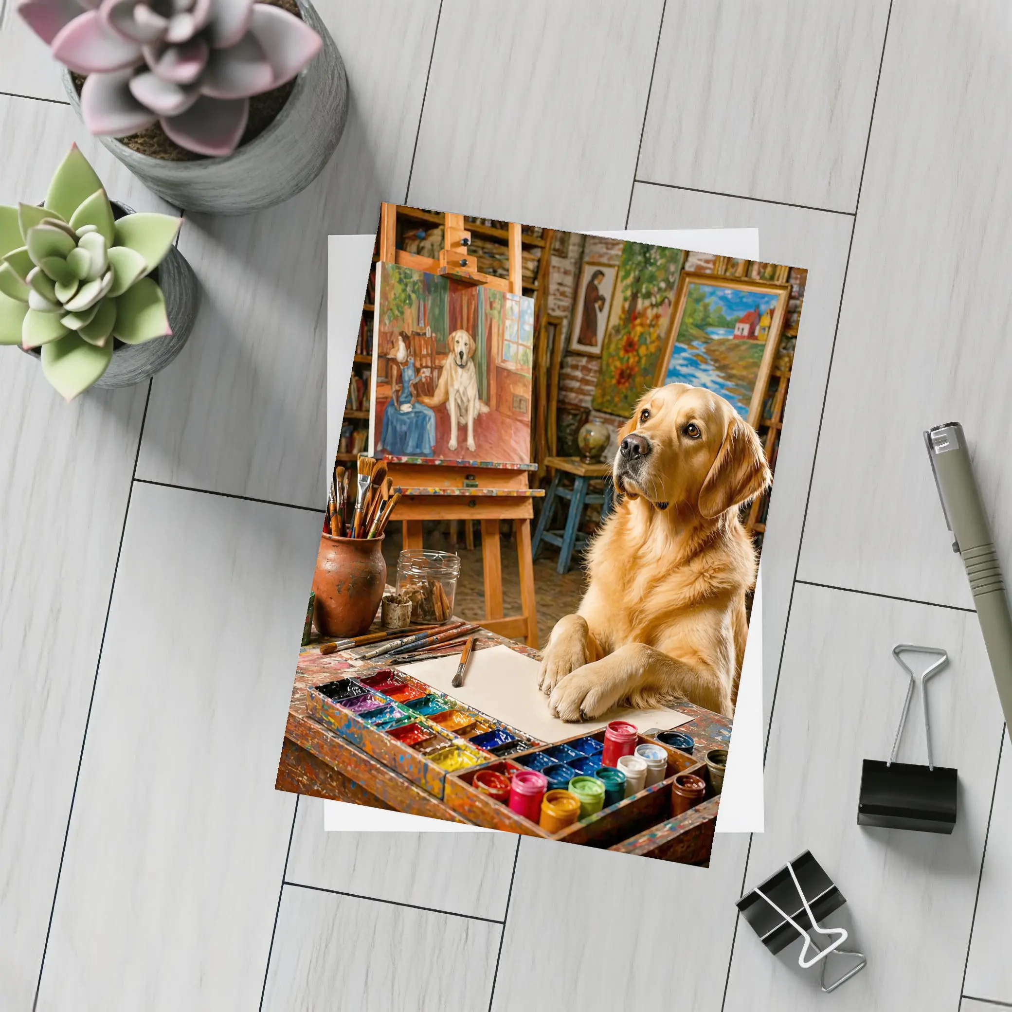 Golden Retriever Artist Painting in Studio – Postcards