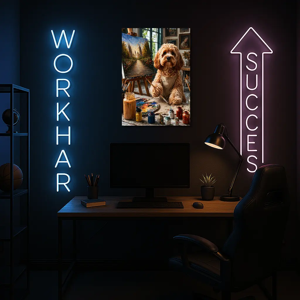 Goldendoodle Artist Painting in Studio Workshop – Wall Art