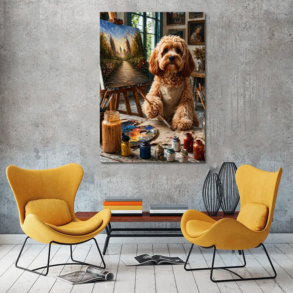 Goldendoodle Artist Painting in Studio Workshop – Wall Art