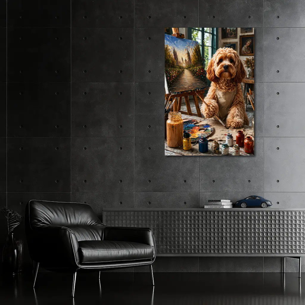 Goldendoodle Artist Painting in Studio Workshop – Wall Art