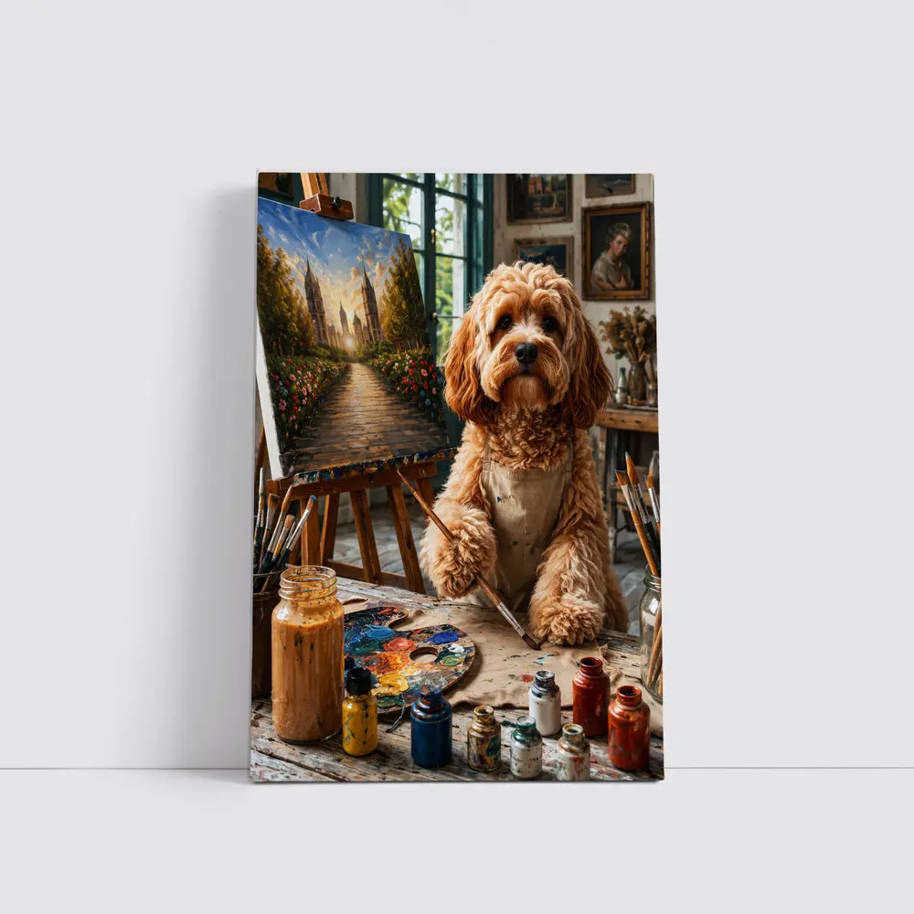 Goldendoodle Artist Painting in Studio Workshop – Wall Art