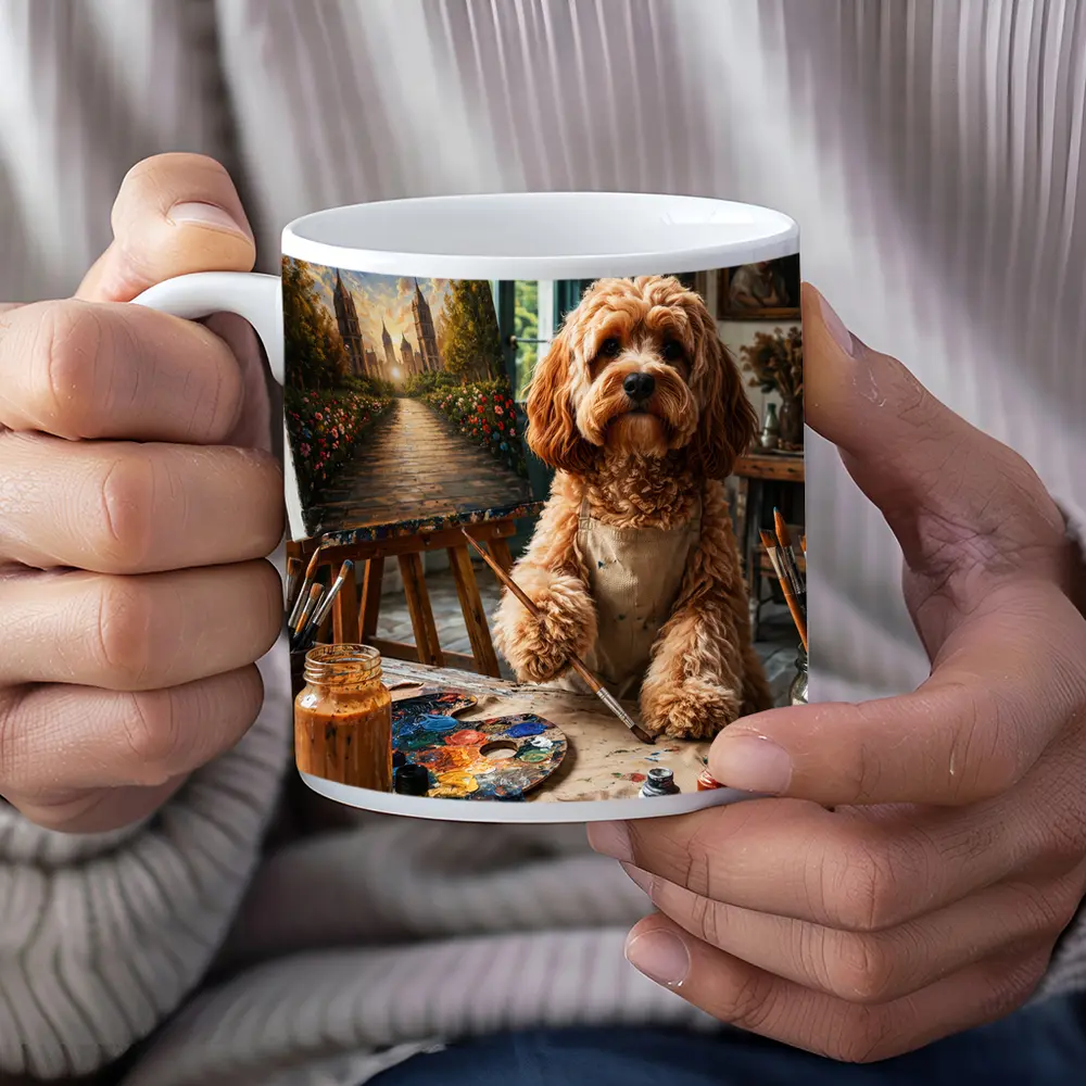 Goldendoodle Artist Painting in Studio Workshop – Mugs