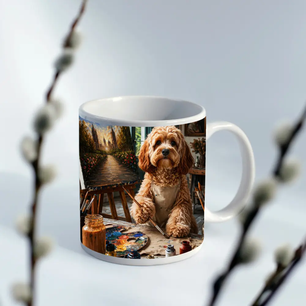Goldendoodle Artist Painting in Studio Workshop – Mugs