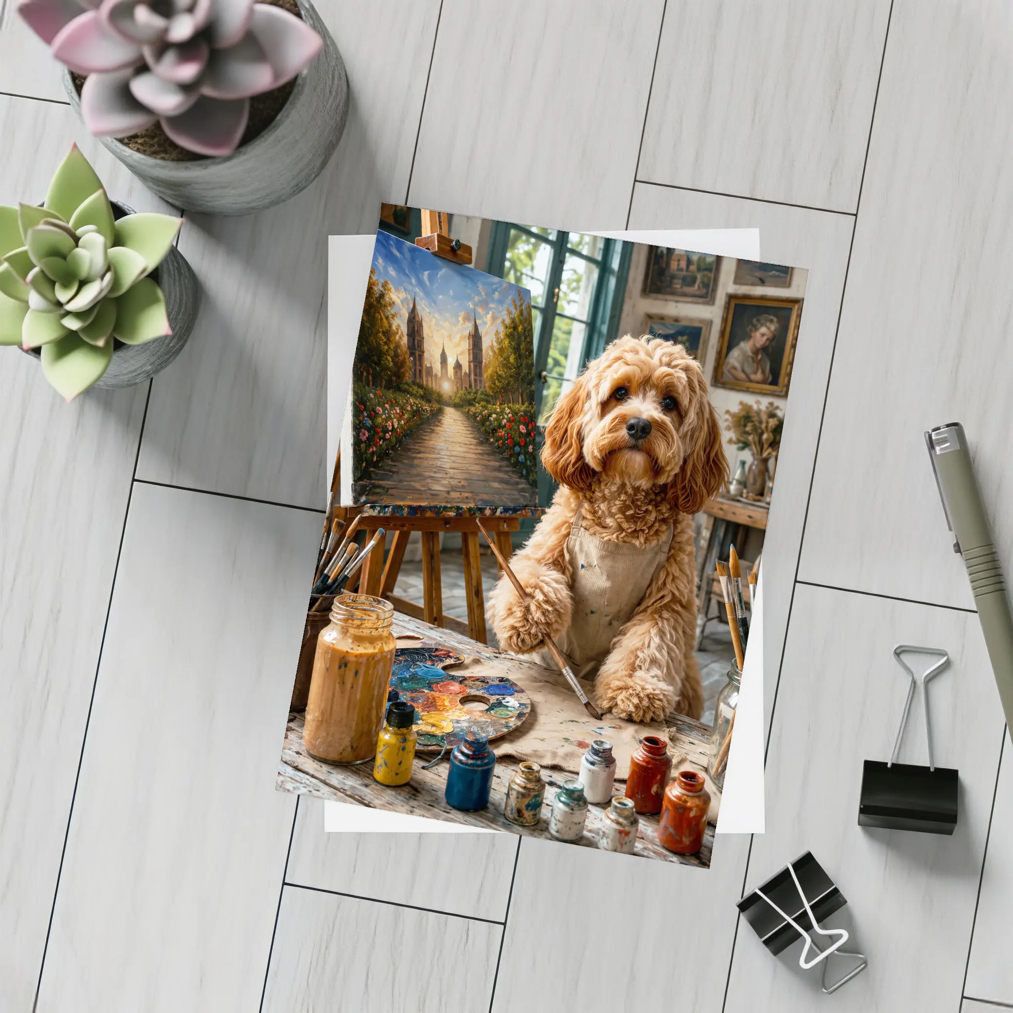 Goldendoodle Artist Painting in Studio Workshop – Postcards