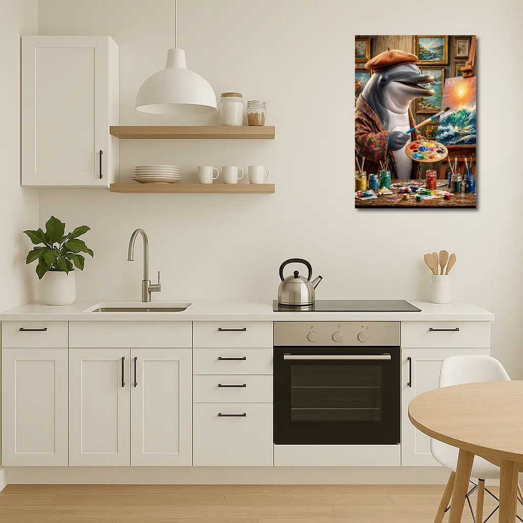 Dolphin Artist Painting Ocean Waves in Studio – Wall Art