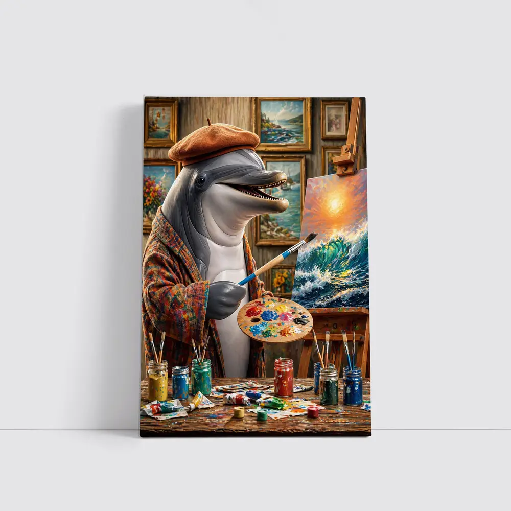 Dolphin Artist Painting Ocean Waves in Studio – Wall Art