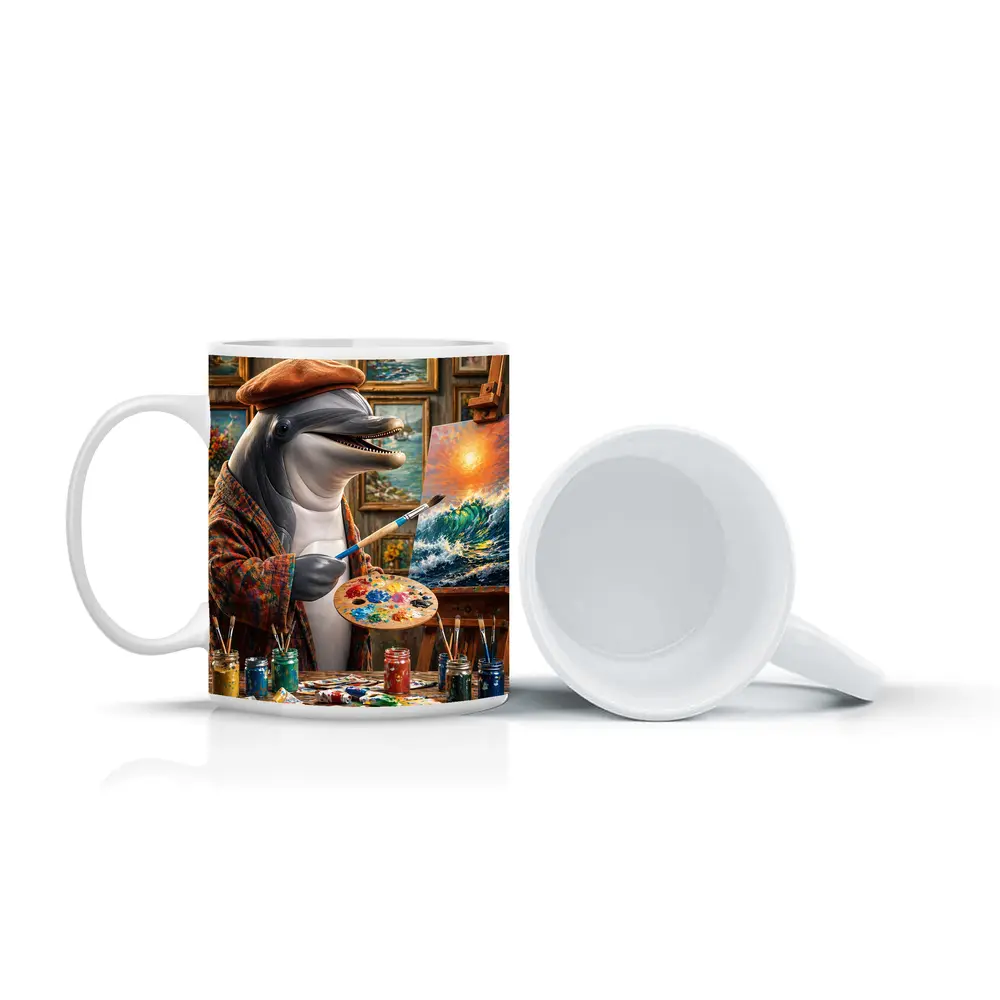 Dolphin Artist Painting Ocean Waves in Studio – Mugs