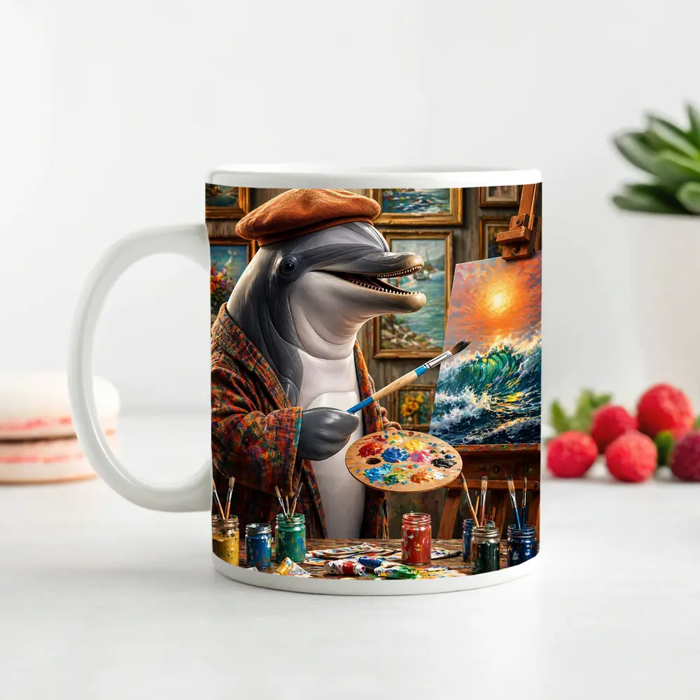 Dolphin Artist Painting Ocean Waves in Studio – Mugs