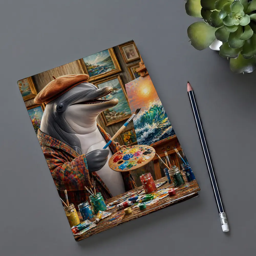 Dolphin Artist Painting Ocean Waves in Studio – Notebooks