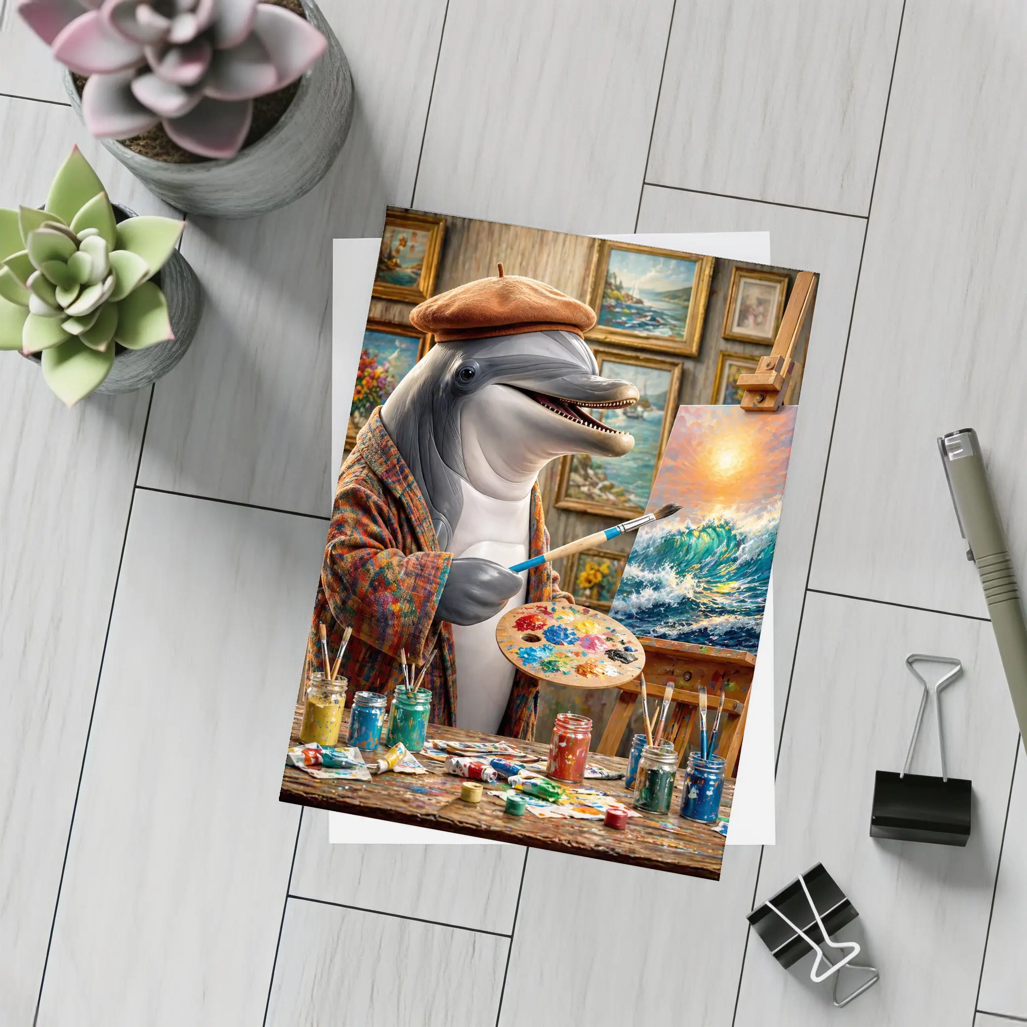 Dolphin Artist Painting Ocean Waves in Studio – Postcards