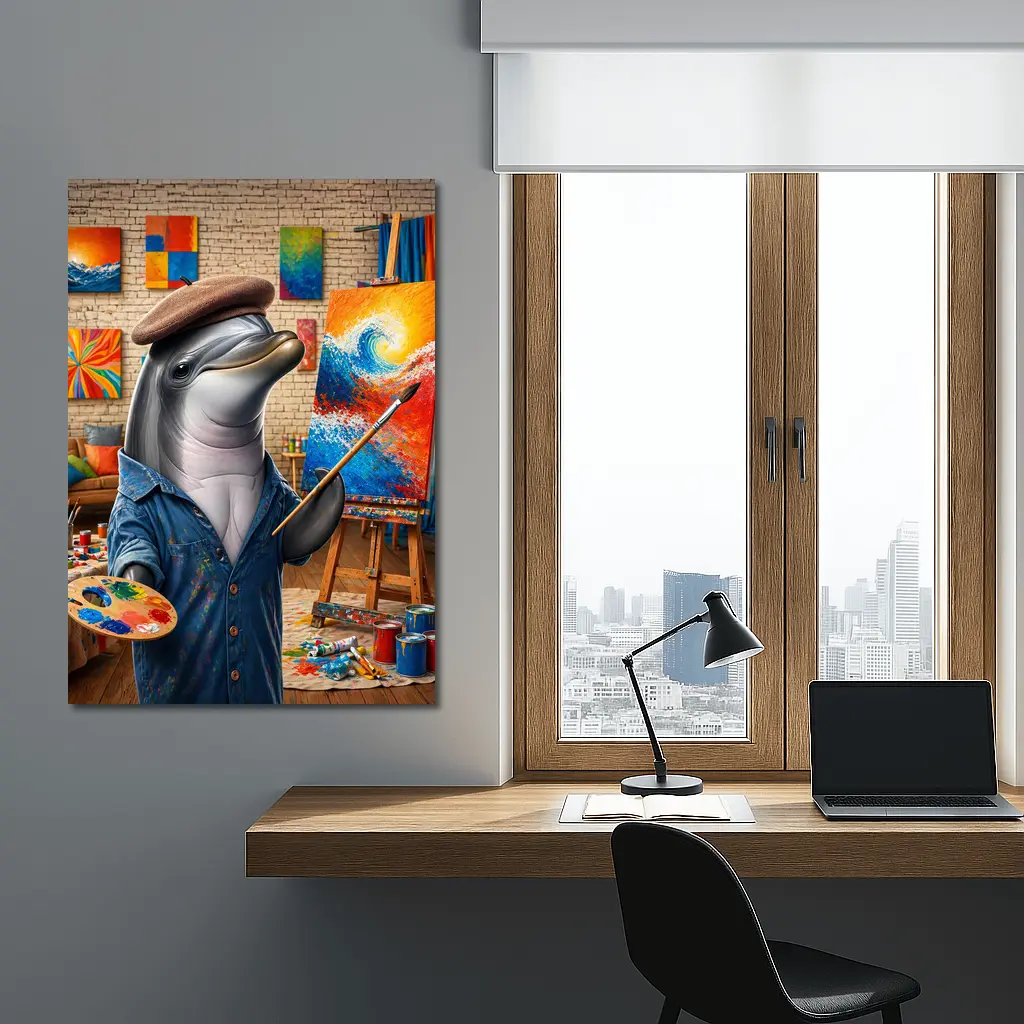 Dolphin Artist Painting in Colorful Art Studio – Wall Art
