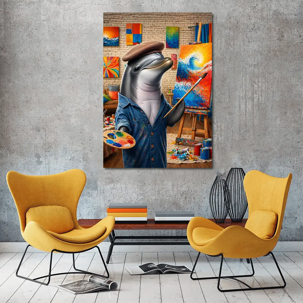 Dolphin Artist Painting in Colorful Art Studio – Wall Art