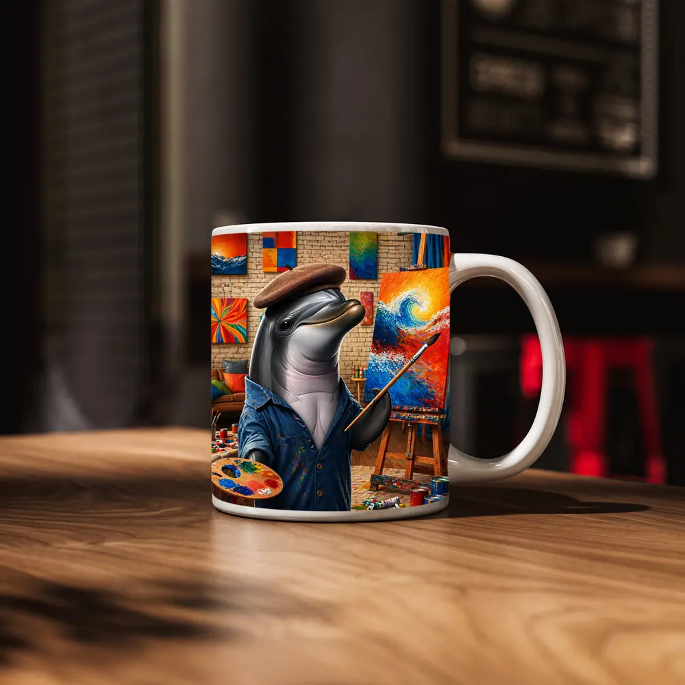 Dolphin Artist Painting in Colorful Art Studio – Mugs