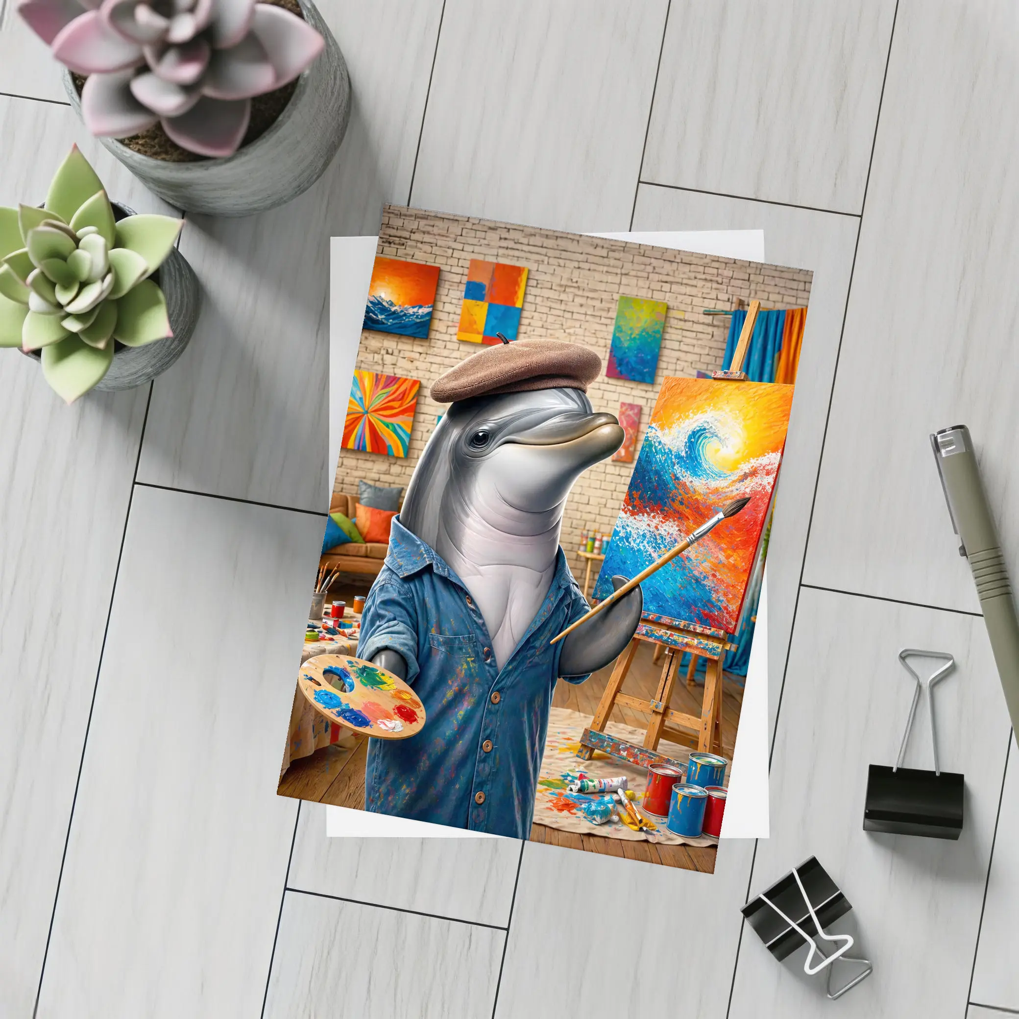 Dolphin Artist Painting in Colorful Art Studio – Postcards