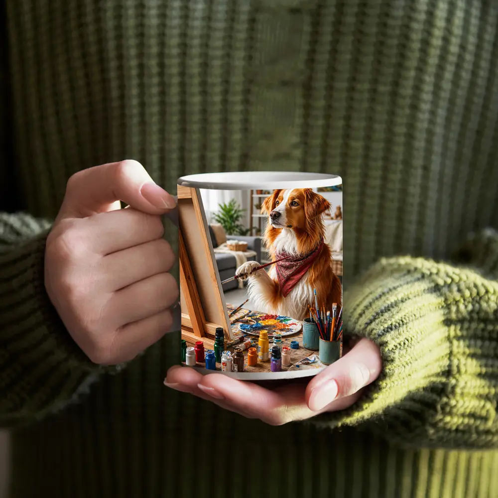 Golden Retriever Dog Painting in Art Studio – Mugs