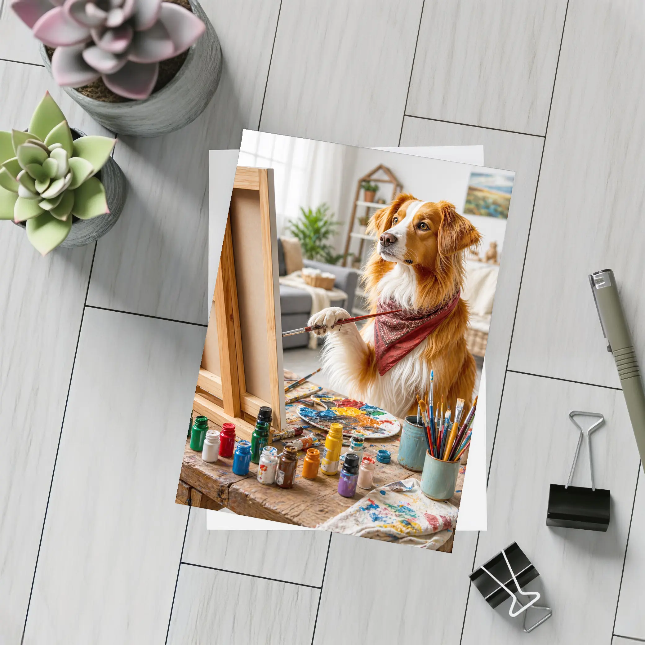 Golden Retriever Dog Painting in Art Studio – Postcards