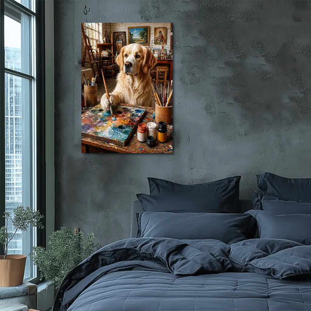 Golden Retriever Artist Painting in Studio – Wall Art