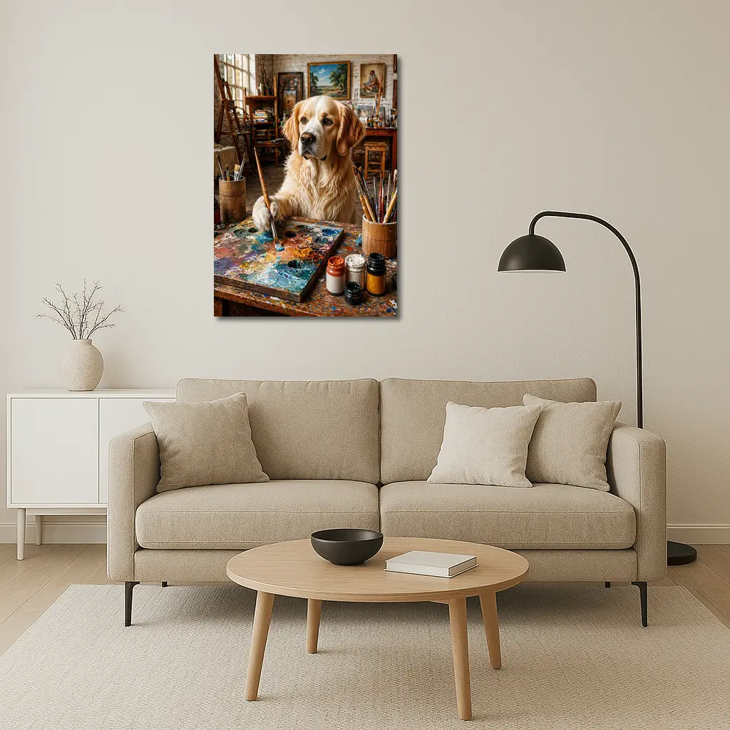 Golden Retriever Artist Painting in Studio – Wall Art