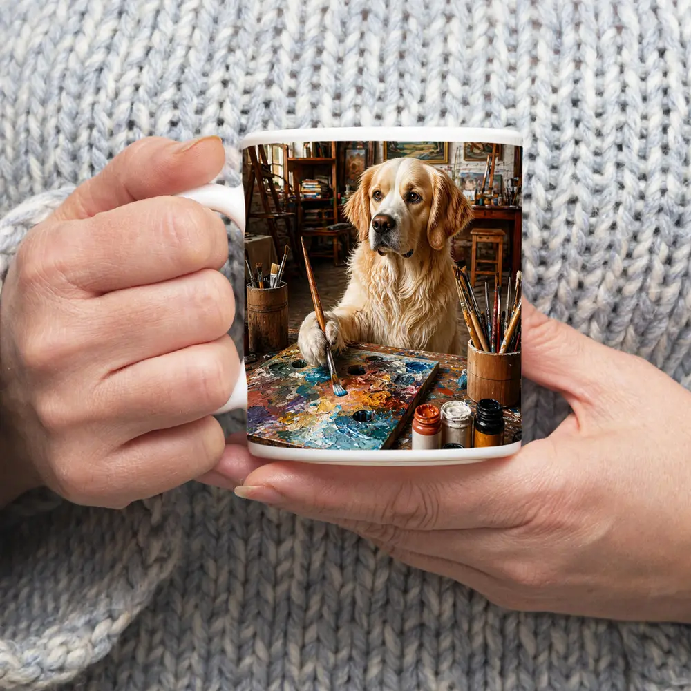 Golden Retriever Artist Painting in Studio – Mugs