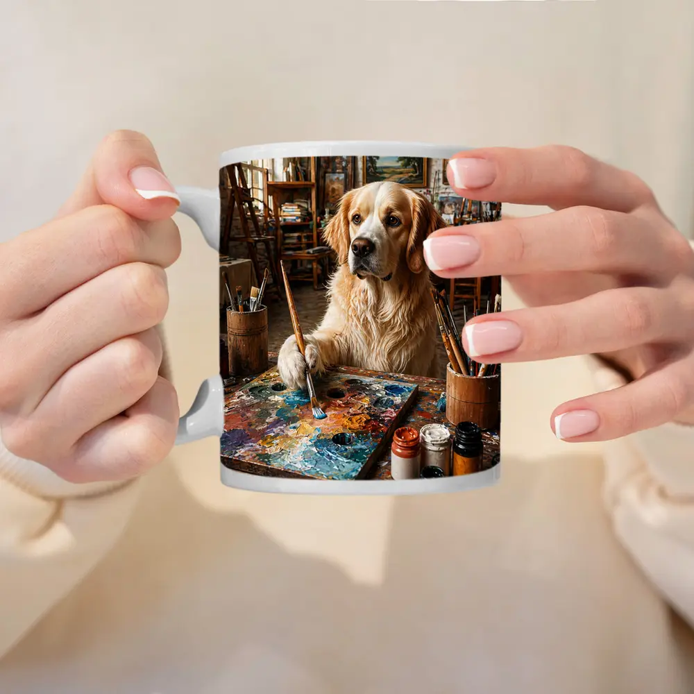 Golden Retriever Artist Painting in Studio – Mugs