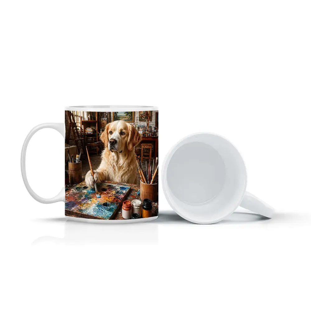 Golden Retriever Artist Painting in Studio – Mugs