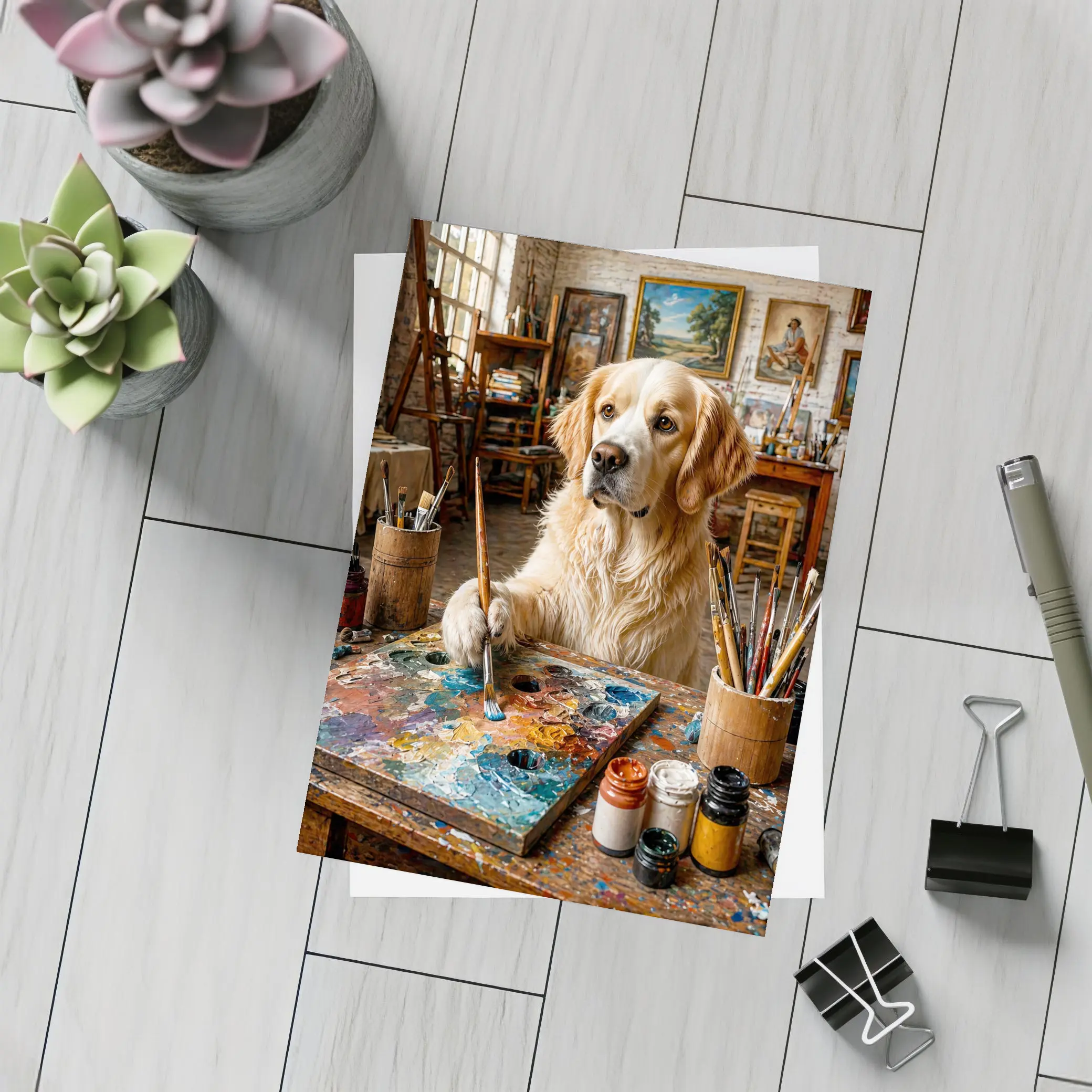 Golden Retriever Artist Painting in Studio – Postcards