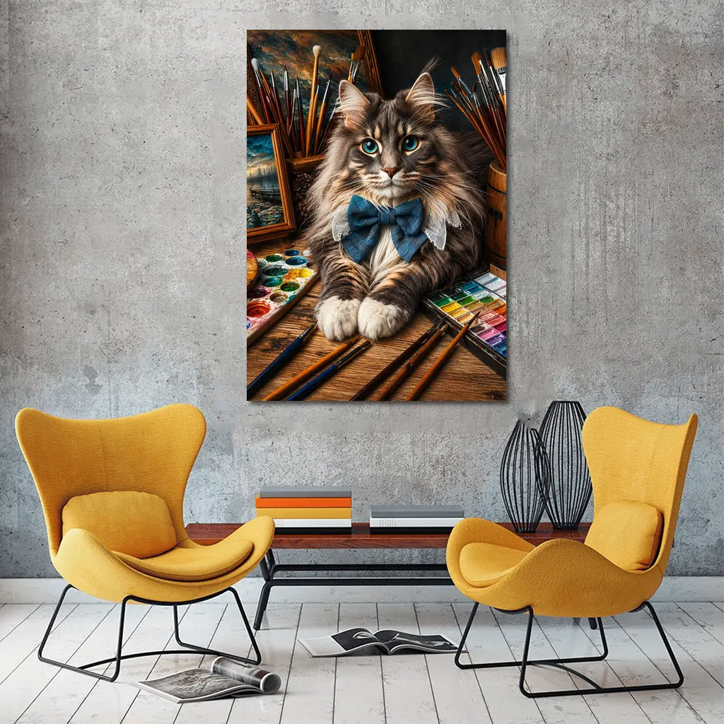 Maine Coon Cat Artist With Paintbrushes – Wall Art