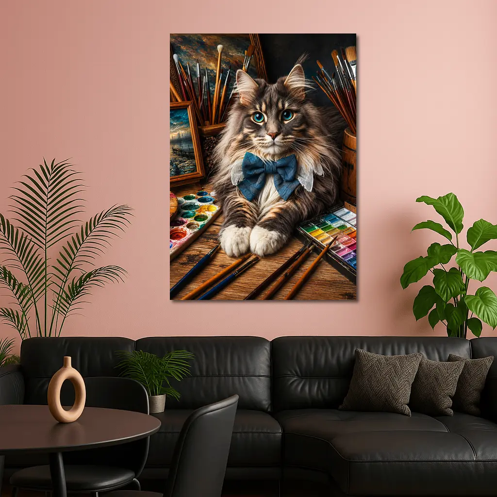 Maine Coon Cat Artist With Paintbrushes – Wall Art