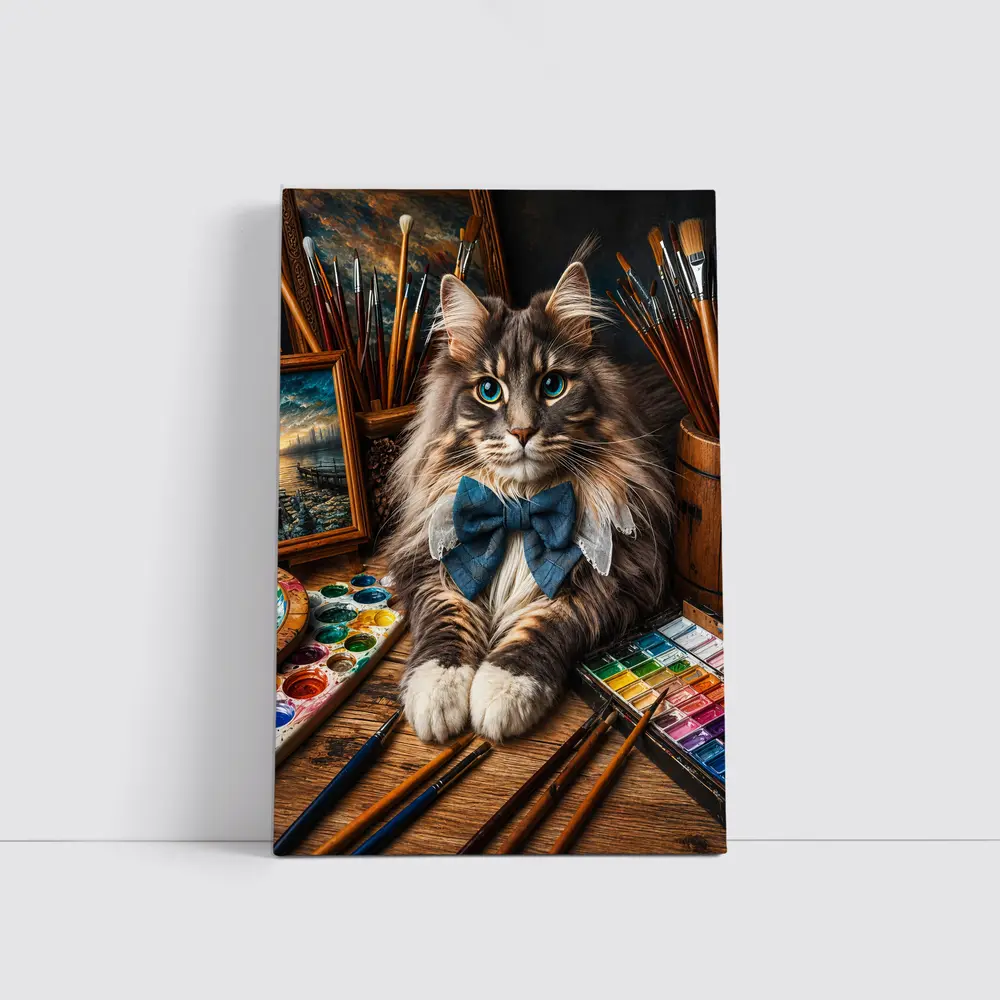 Maine Coon Cat Artist With Paintbrushes – Wall Art