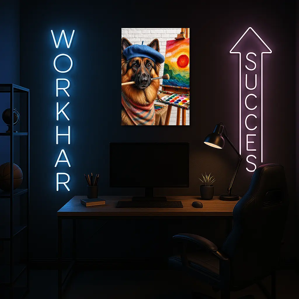 German Shepherd Artist Painting Colorful Sunset Canvas – Wall Art