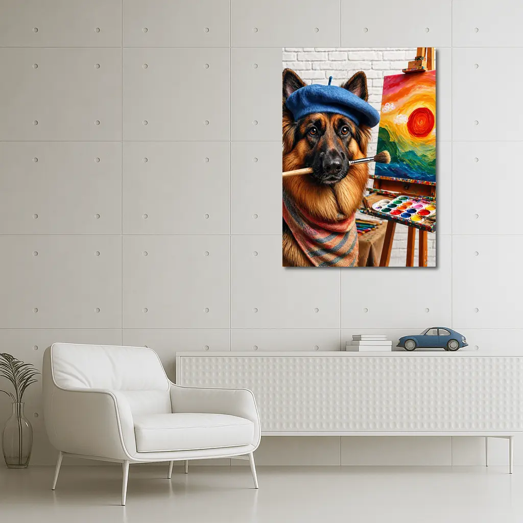 German Shepherd Artist Painting Colorful Sunset Canvas – Wall Art
