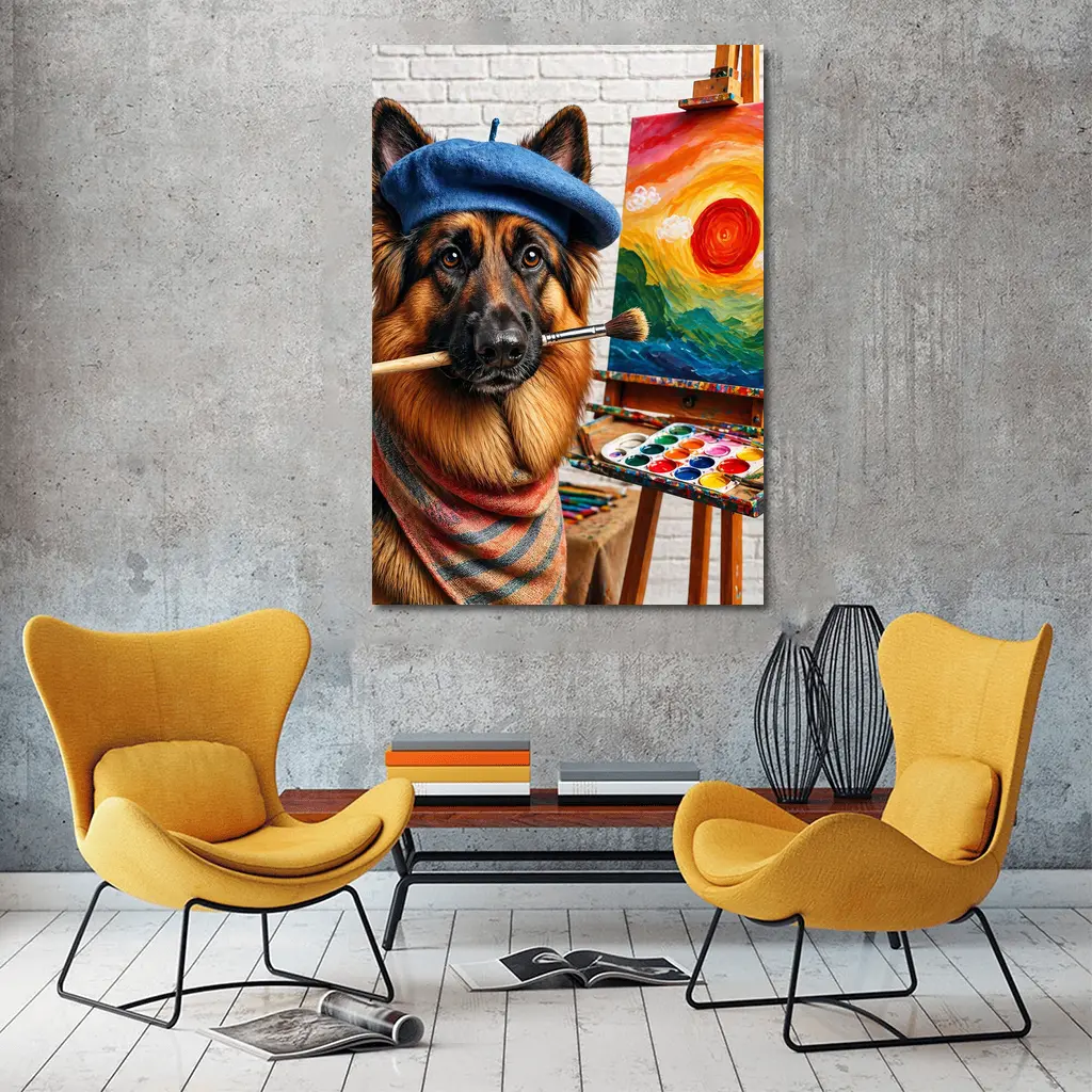 German Shepherd Artist Painting Colorful Sunset Canvas – Wall Art