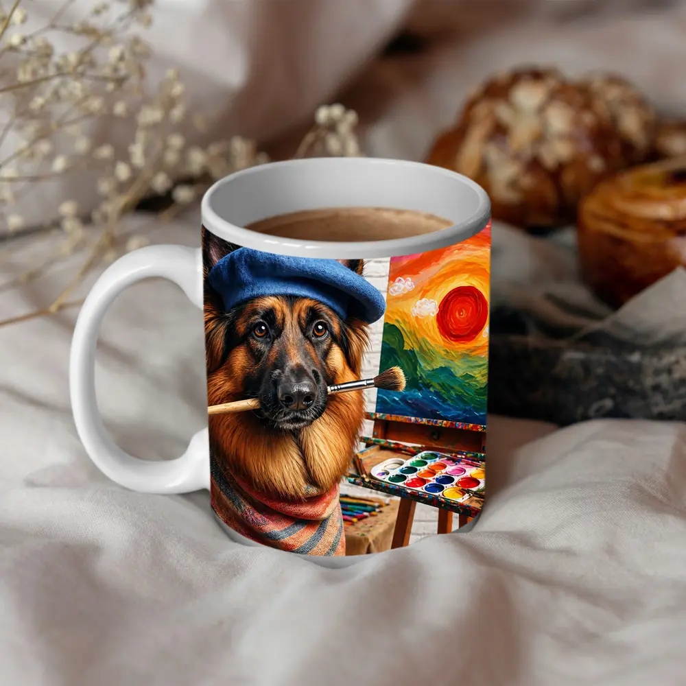 German Shepherd Artist Painting Colorful Sunset Canvas – Mugs