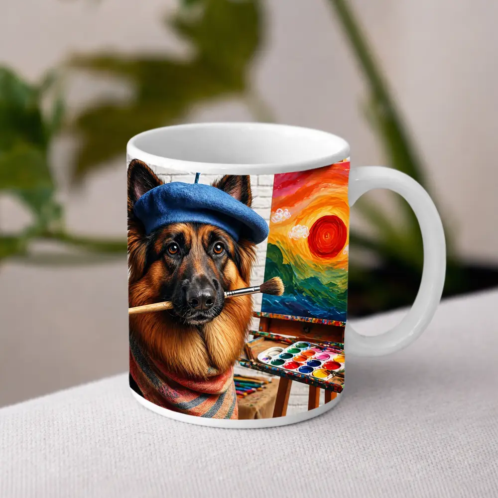 German Shepherd Artist Painting Colorful Sunset Canvas – Mugs