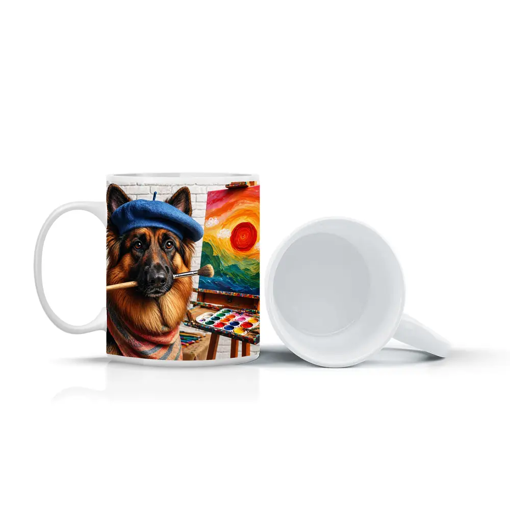 German Shepherd Artist Painting Colorful Sunset Canvas – Mugs