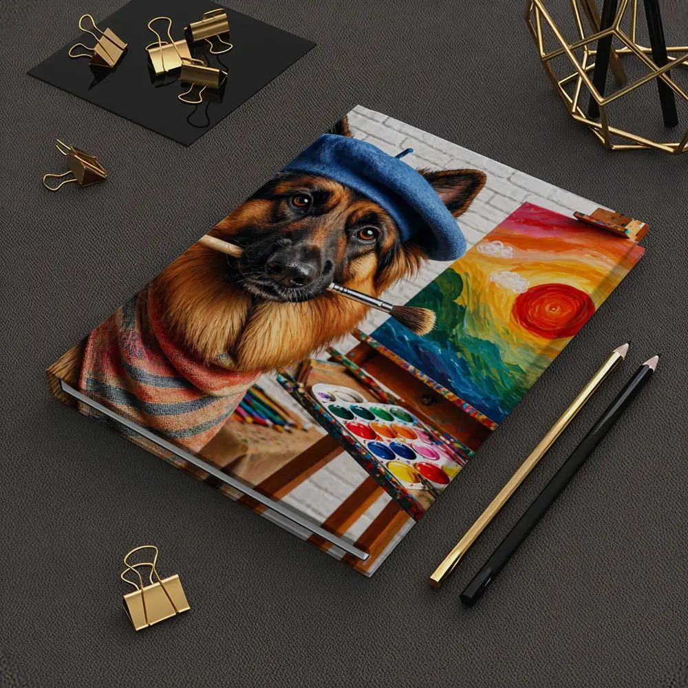 German Shepherd Artist Painting Colorful Sunset Canvas – Notebooks