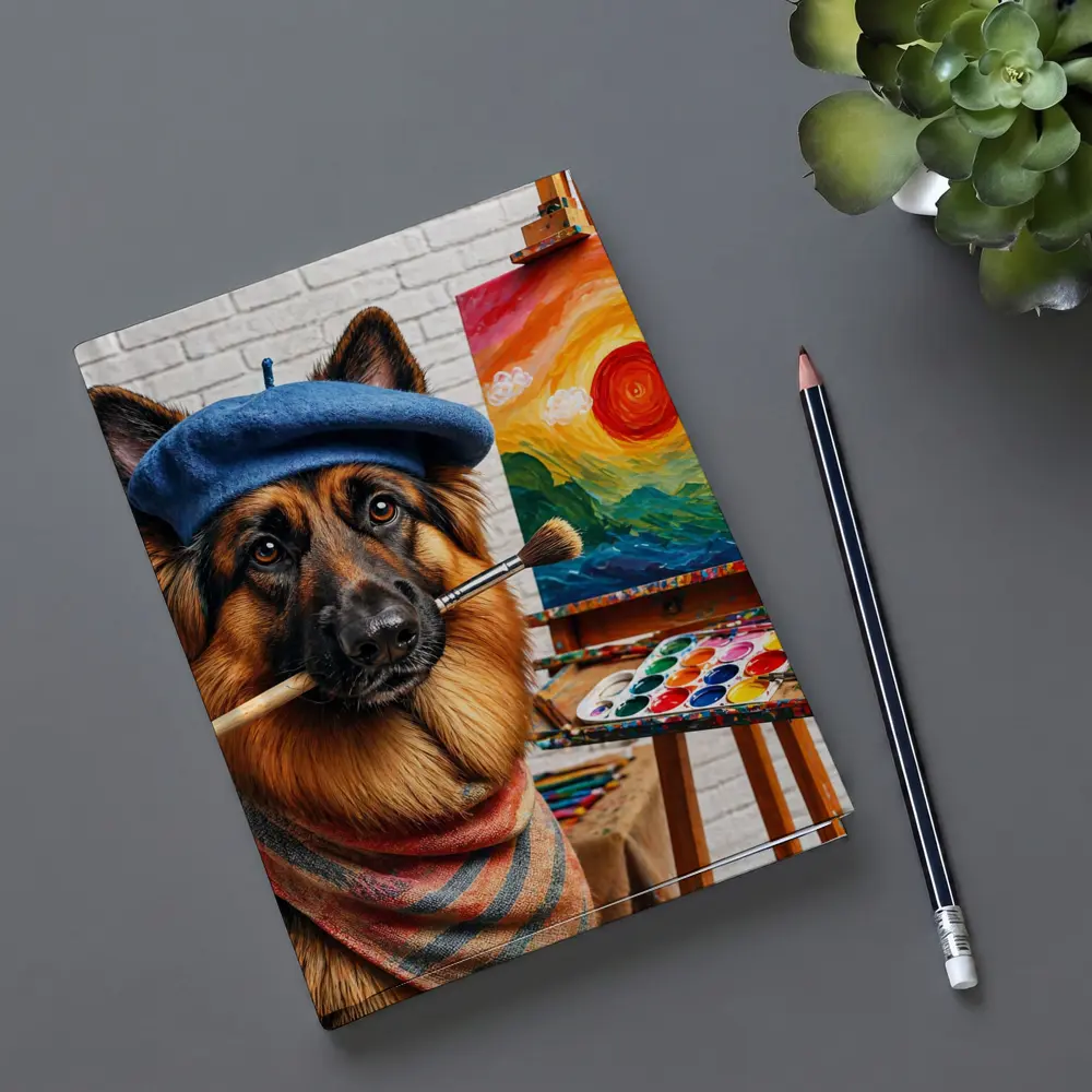 German Shepherd Artist Painting Colorful Sunset Canvas – Notebooks