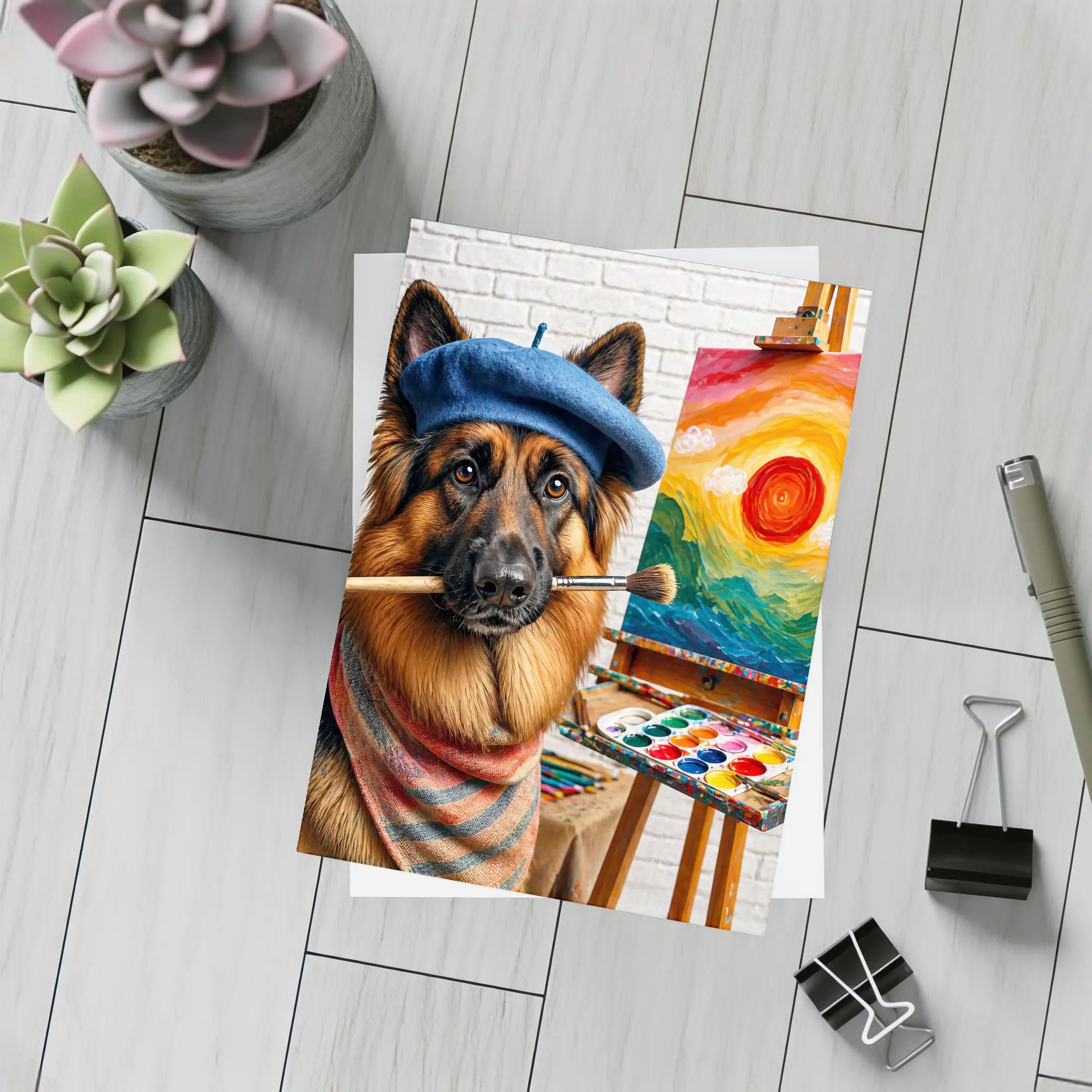 German Shepherd Artist Painting Colorful Sunset Canvas – Postcards